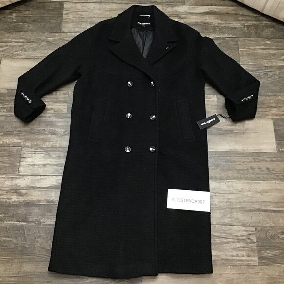 NWT Karl Lagerfeld Paris Military Double Breasted Long Black Wool Blend Coat  XL - Picture 1 of 16
